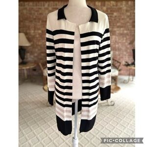 Ivory Cardigan Open Front Striped Black Pink Shimmer Duster Knit M Long Casual